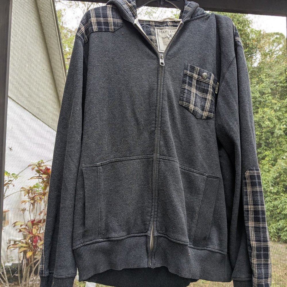 Marc Ecko Cut & Sew Grey Hoodie Plaid Flannel Trim  Large